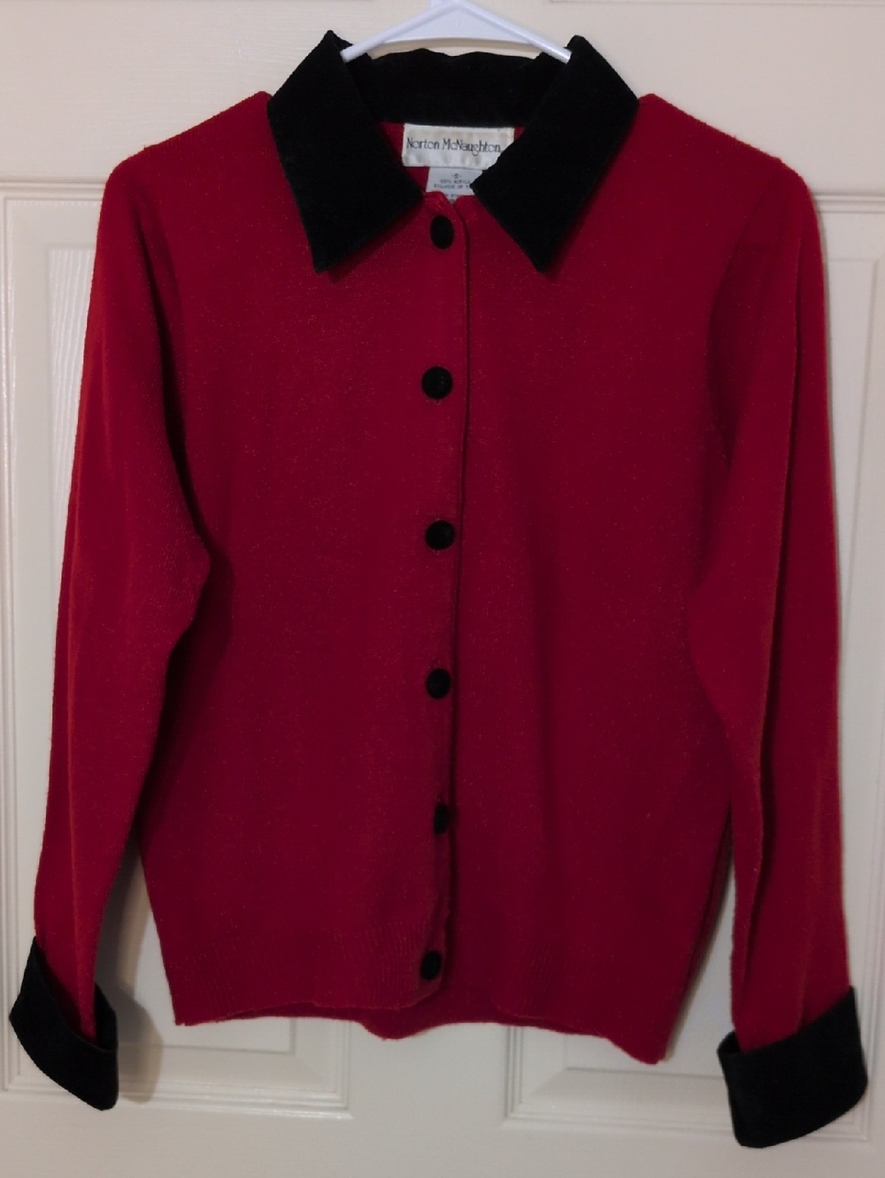 Norton McNaughton Red Cardigan with Black Velvet Collar/Cuff Trim, Size Smal/
